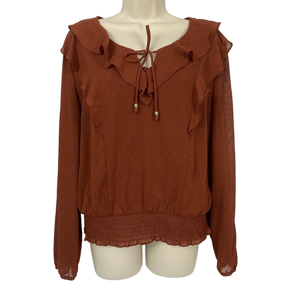 A Byer Blouse Women Large Rust Brown Ruffle Neck Sheer Swiss Dot Boho Fall 2Fer